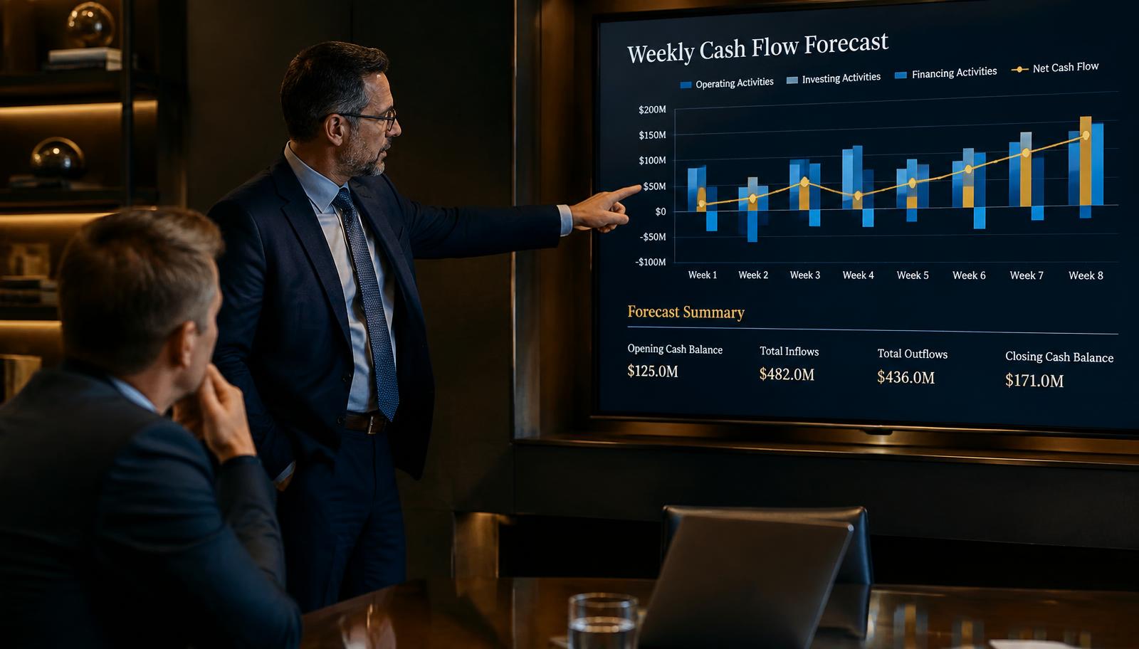 CFO presenting a weekly cash flow forecast to an executive in a boardroom