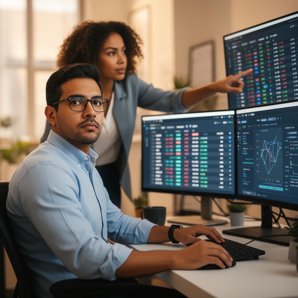 Healthcare finance analyst and colleague reviewing AI model outputs and financial data tables on dual monitors in a modern fintech office