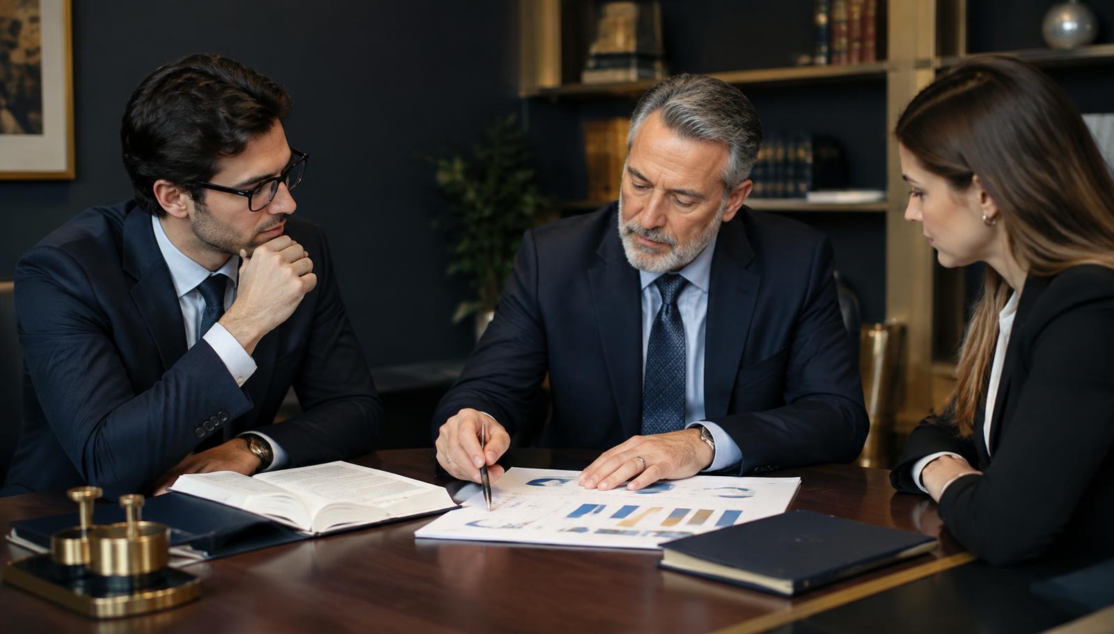 Bookkeeper, controller and CFO reviewing ledgers and financial charts together around a boardroom table