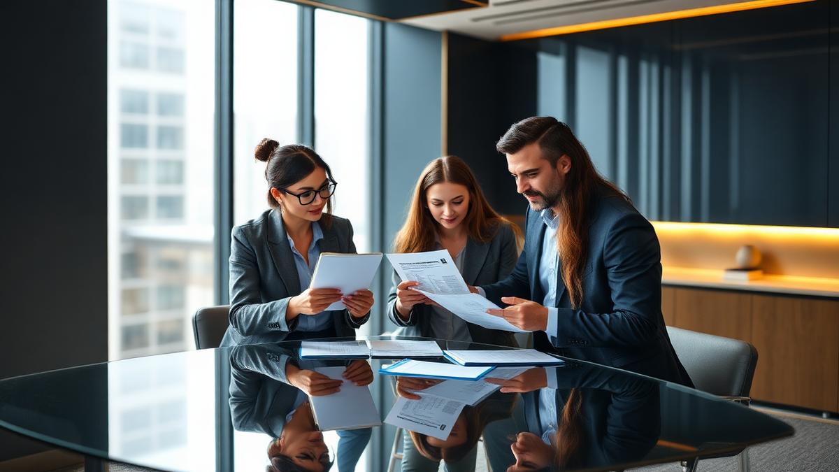 Finance leadership team reviewing month end close reports and forecasts around a glass boardroom table