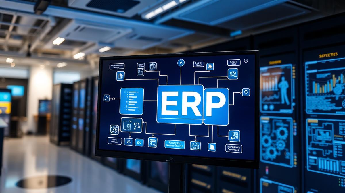 ERP system implementation with interconnected business modules on screen