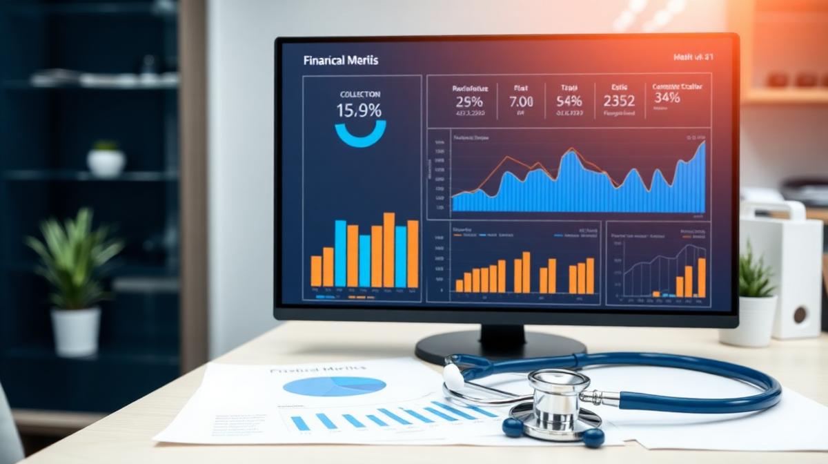 Healthcare financial KPI dashboard with performance metrics and stethoscope