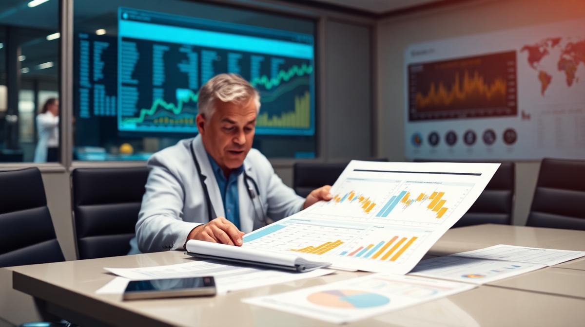 Healthcare administrator reviewing financial performance reports in boardroom