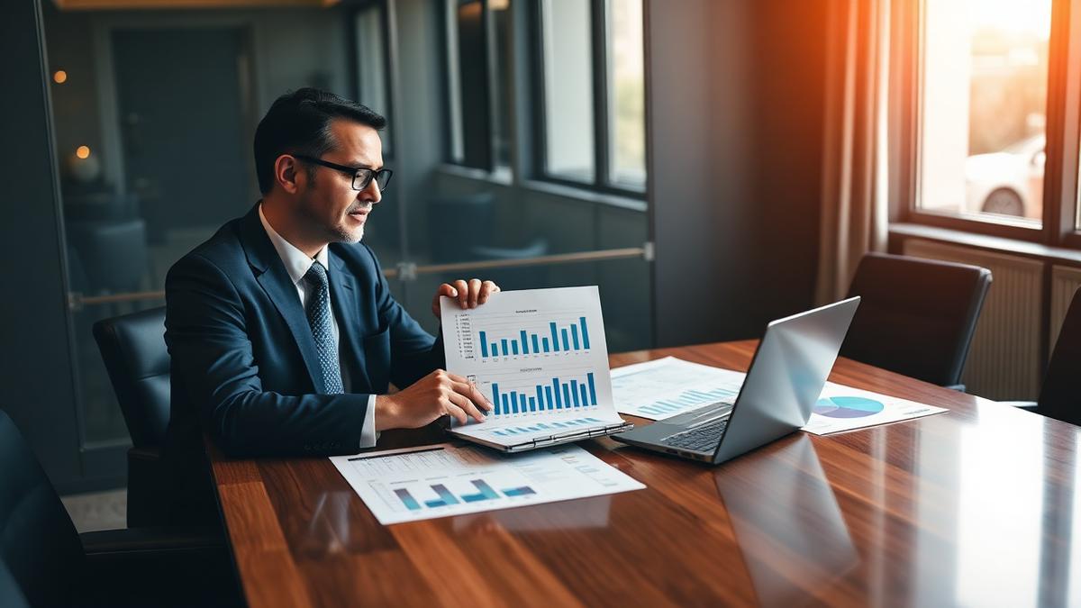 Fractional CFO and business owner reviewing cash flow forecasts and margin analysis in a modern boardroom
