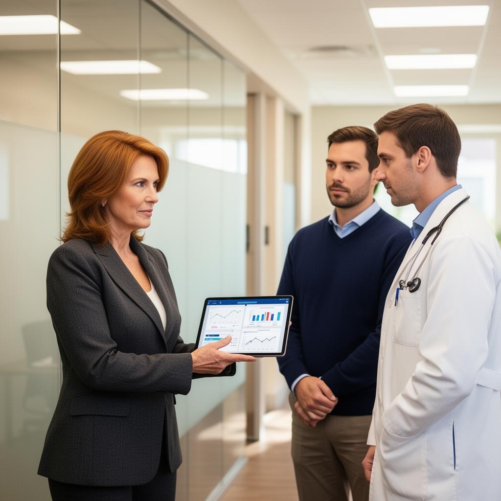 Fractional CFO presenting financial projections on a tablet to two physicians in a modern medical practice administrative office