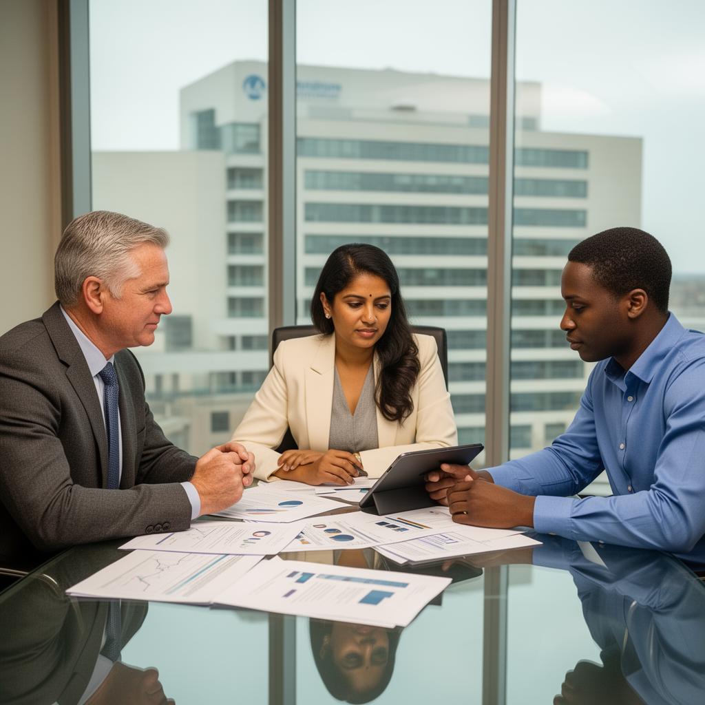 Healthcare M&A integration team reviewing acquisition documents and dashboards in a boardroom overlooking a hospital