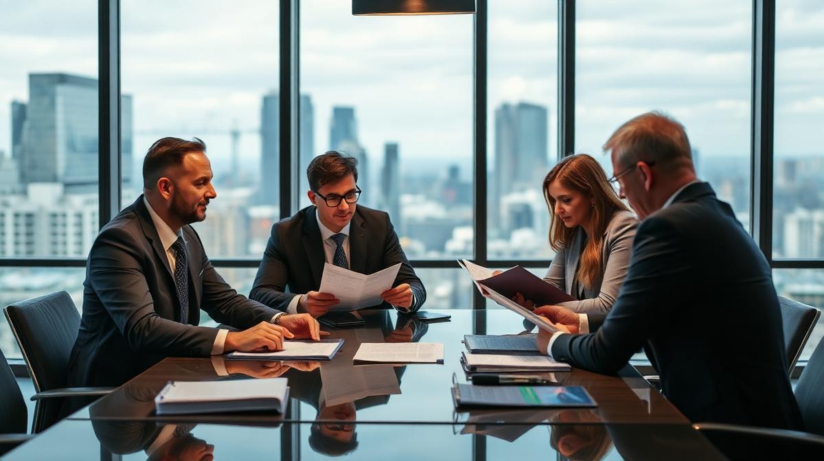 Corporate buyer and transaction advisors reviewing a letter of intent and due diligence files in a boardroom