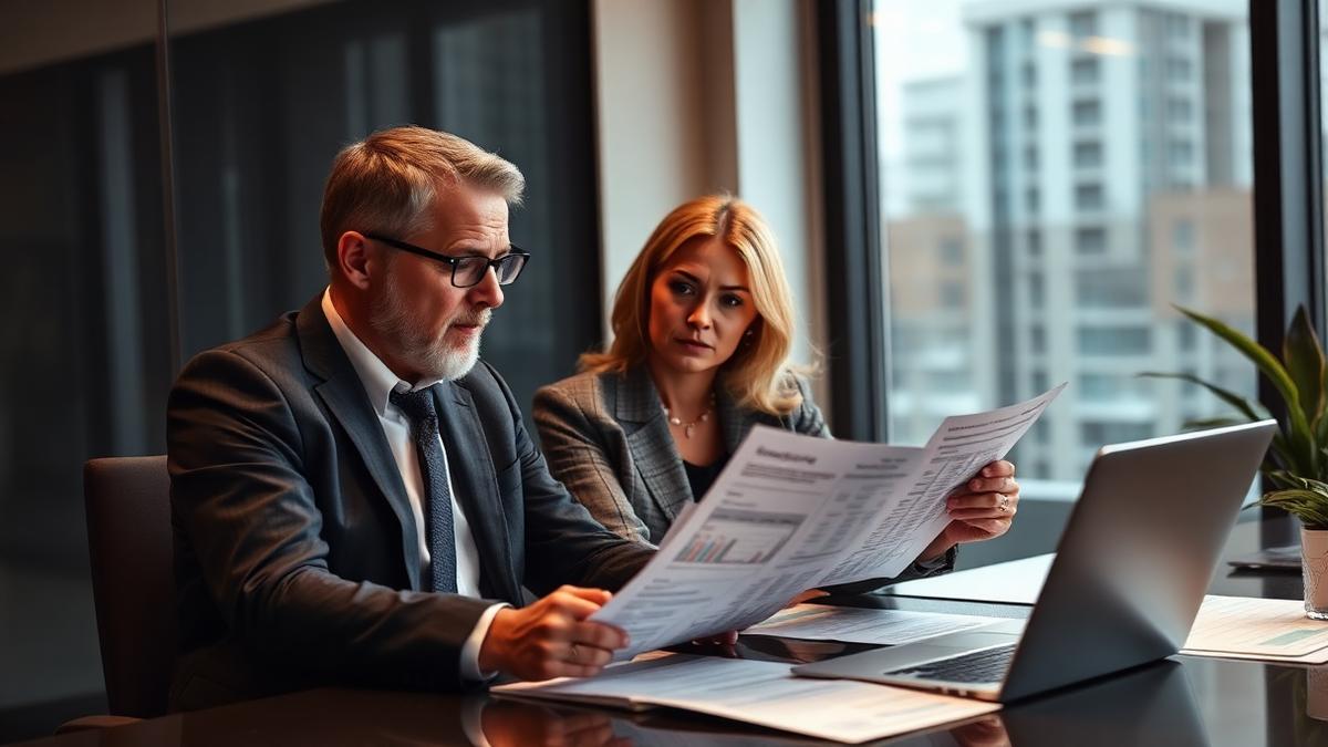 Business owner and financial advisor reviewing bookkeeping reports and spreadsheets in a modern office