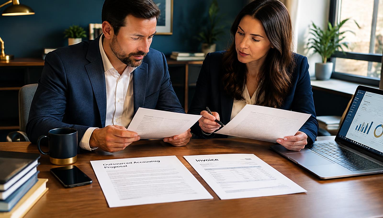 Business owner and accountant comparing outsourced accounting proposals and invoices at a desk