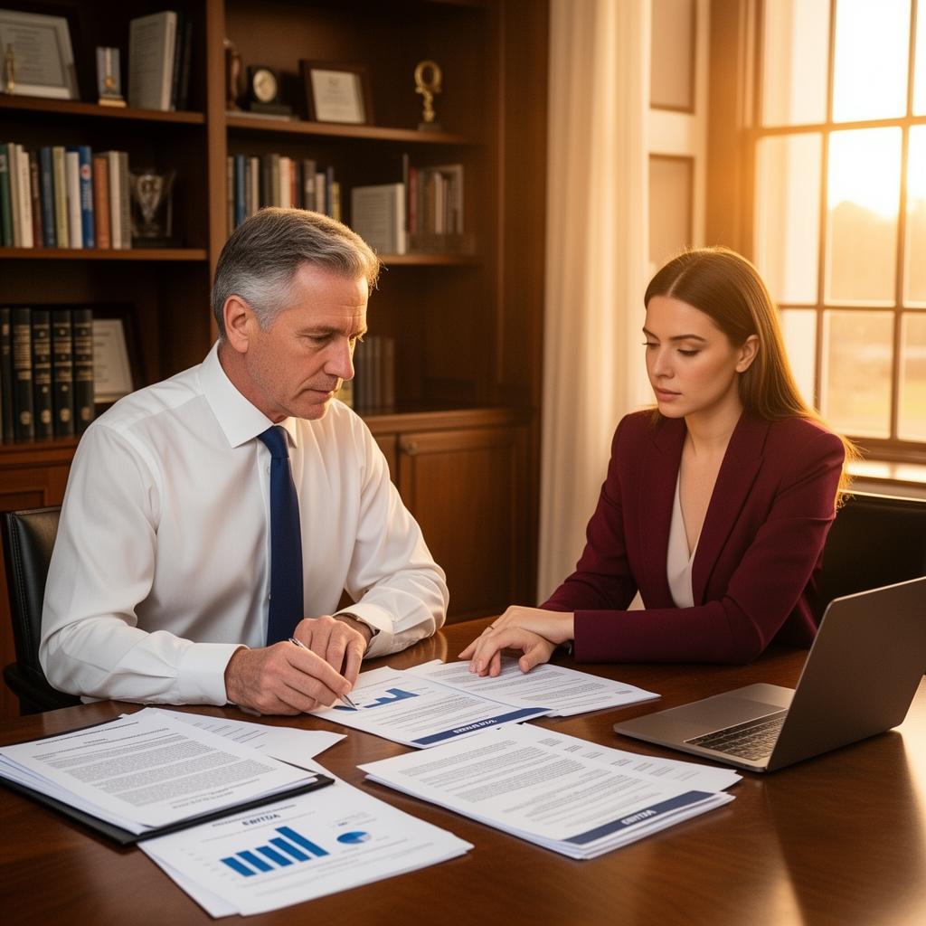 Senior medical practice owner reviewing EBITDA reports and valuation documents with a financial advisor at a wooden conference table