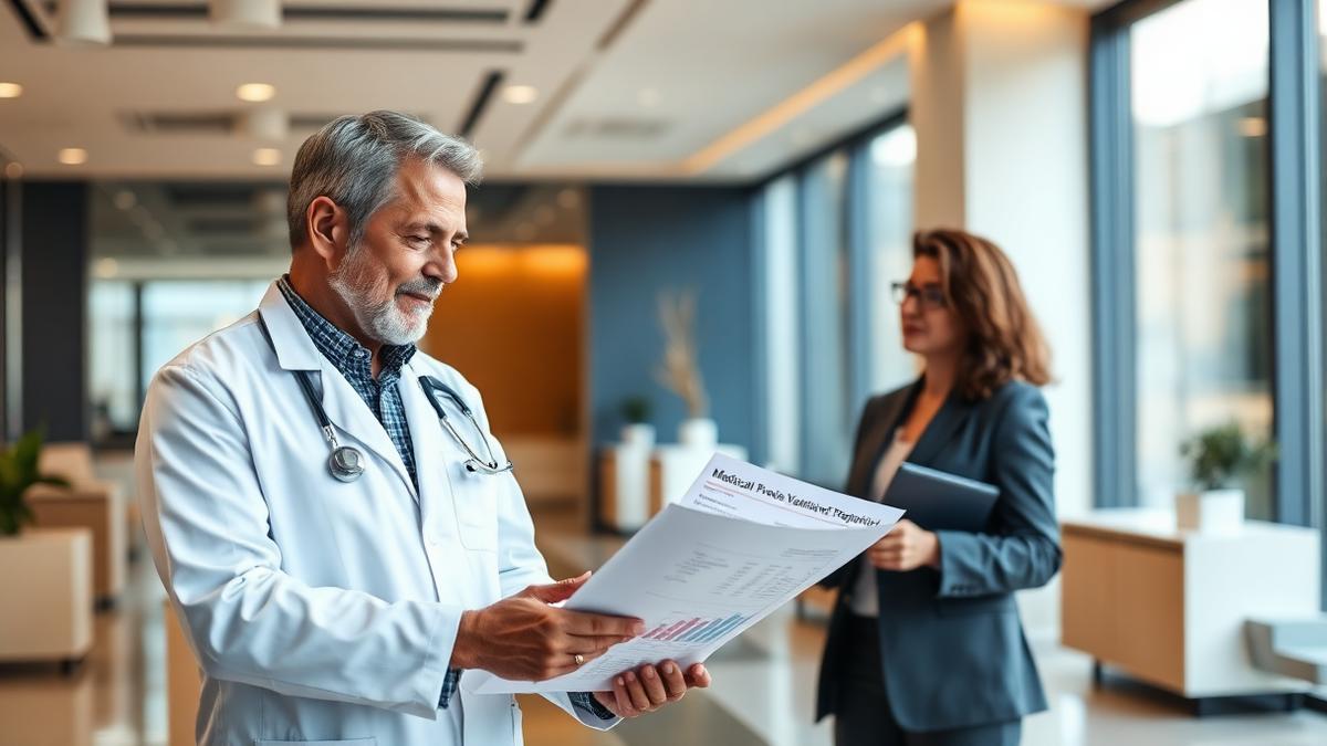 Physician practice owner reviewing medical practice valuation reports and payer mix analysis with a financial advisor