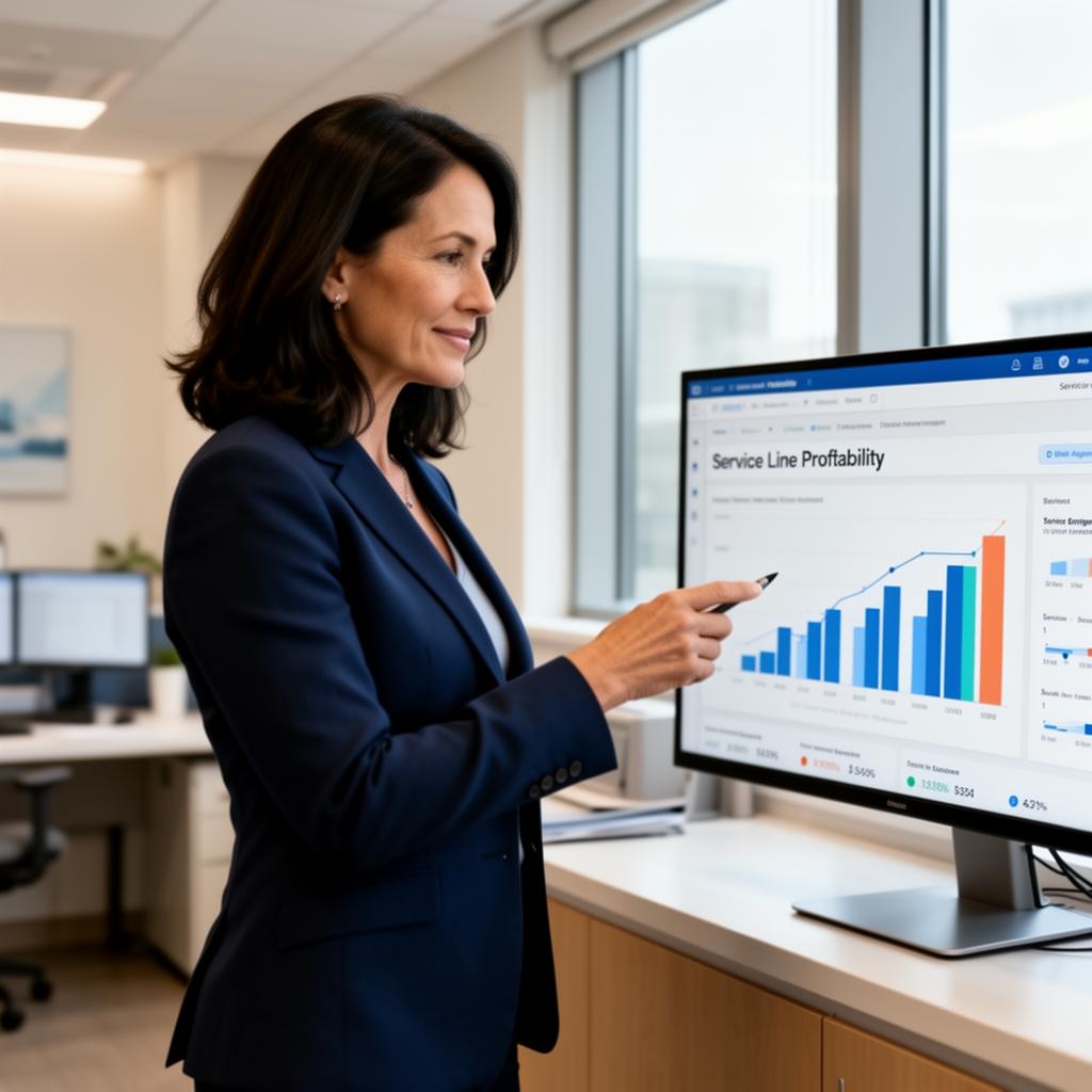 Healthcare CFO reviewing service line profitability dashboard on a large monitor in a modern hospital administrative office