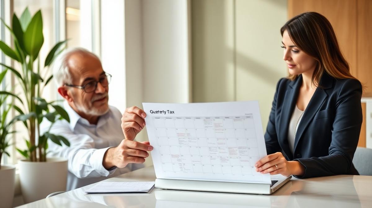 Business owner and financial advisor reviewing a quarterly tax planning calendar and forecasts in a modern office