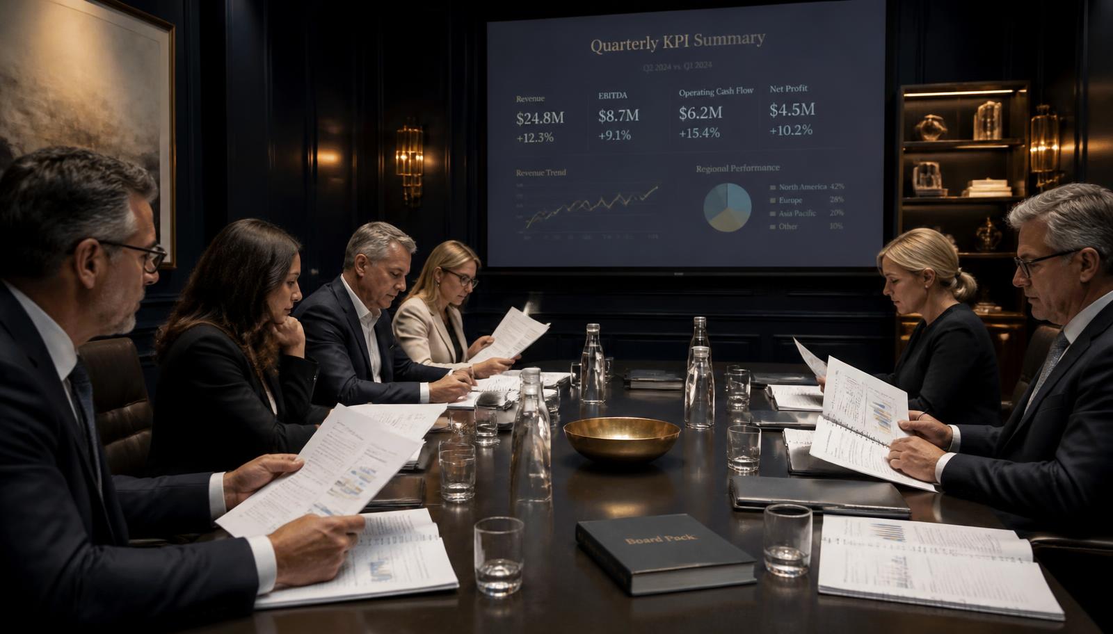 Directors reviewing a quarterly board pack and KPI summary in a board meeting