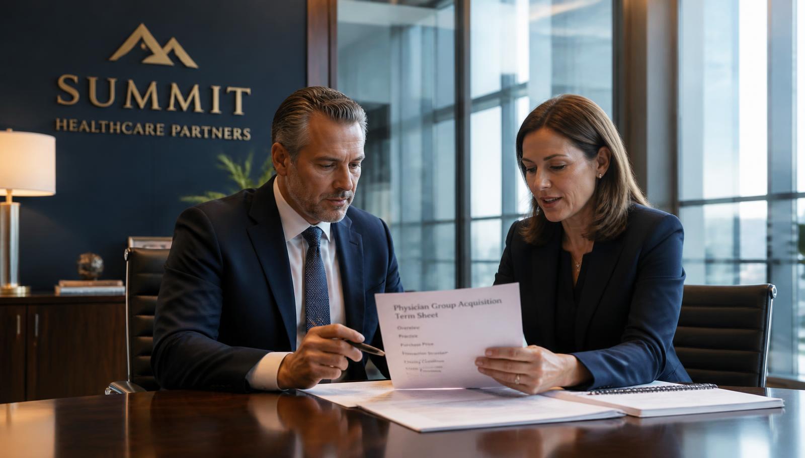 Healthcare executives reviewing a physician group acquisition term sheet