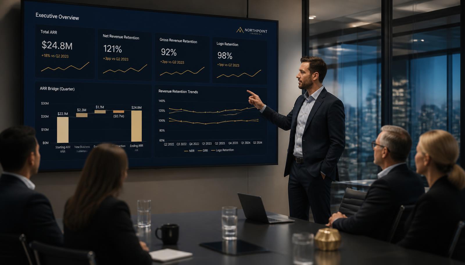 Fractional SaaS CFO presenting an ARR and net revenue retention dashboard to an executive team
